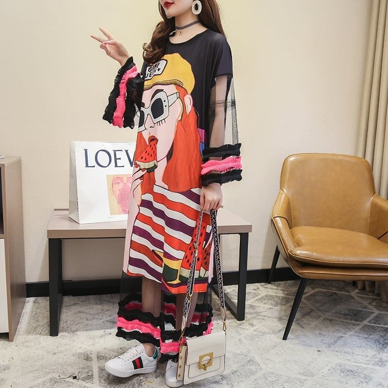 【ランキング上位】プリント   お洒落 ロングTシャツワンピース ＜F-887＞