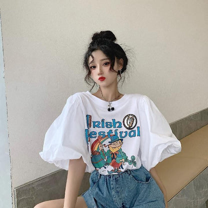 キュート プリント ファッション ゆったり 全4色 半袖 Tシャツ＜F-11521＞
