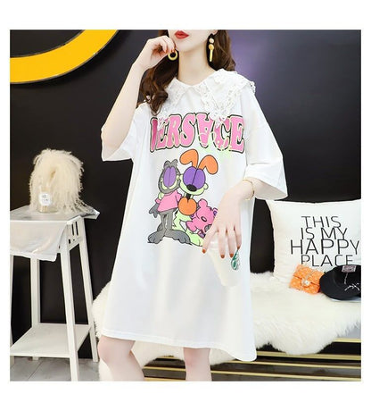 デザインセンスのあるミドル丈のトレンドプリントドールカラー半袖Tシャツワンピース<F-3018>