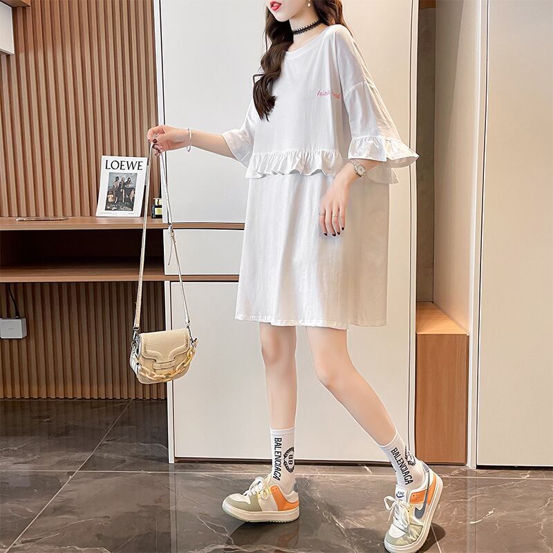 【半額！期間限定！！】合わせやすい 切り替え フリル プリント Tシャツ ゆったりワンピース＜F-3008＞
