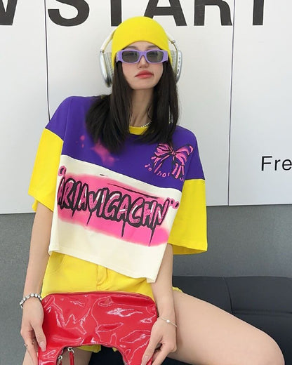 着回し力抜群 切り替え三色 韓国系 ゆったり半袖Tシャツ ＜F-8455＞