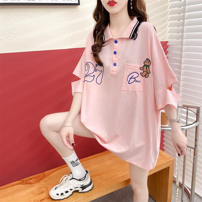 POLOネック   ベアー ロング Tシャツ 三色 ゆったりワンピース＜F-3991＞