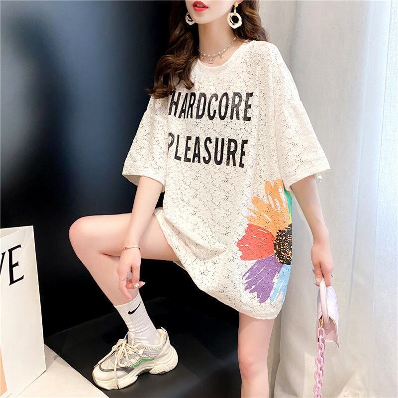 美人度アップ 透かし彫り レース ルーズ 半袖 Tシャツ ＜F-8671＞