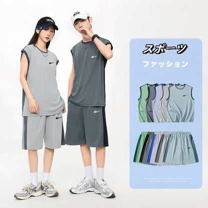 売り切れ必至 ファッション 超人気 男女兼用 ノースリーブＴシャツⅹパンツセット全5色<F-8754>