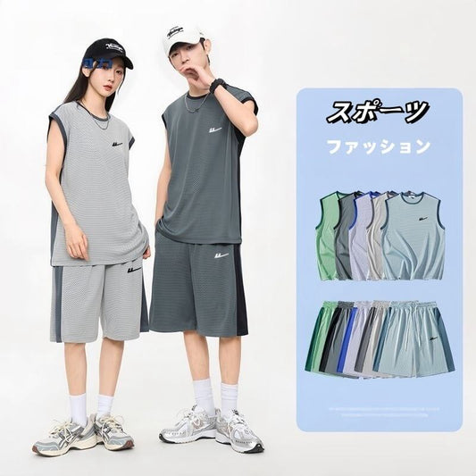 売り切れ必至 ファッション 超人気 男女兼用 ノースリーブＴシャツⅹパンツセット全5色<F-8754>