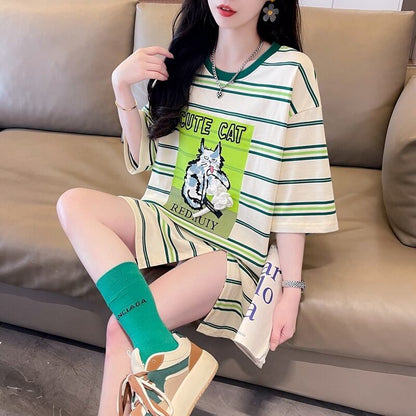 【半額！期間限定！！】大好評 シンプル ファッション 3色選択可 ストライプ柄 半袖Tシャツ カットソー＜F-8464＞