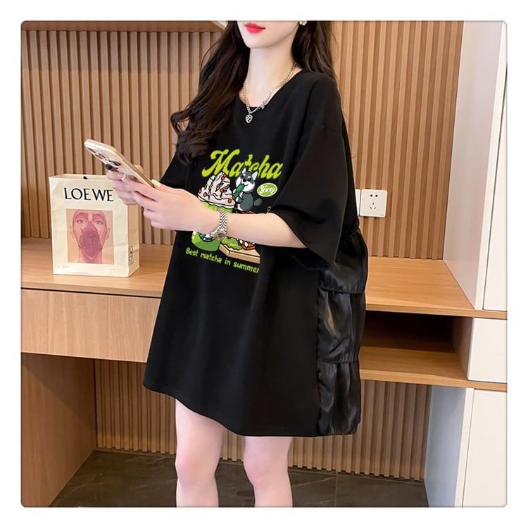 着回し力抜群 切り替え プリント ロング Tシャツ ゆったり半袖 Tシャツ ＜F-8498＞