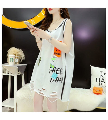 今季マストバイ ダメージ加工 デザイン性抜群 プリント全2色 ノースリーブ Tシャツ カットソー＜F-9141＞