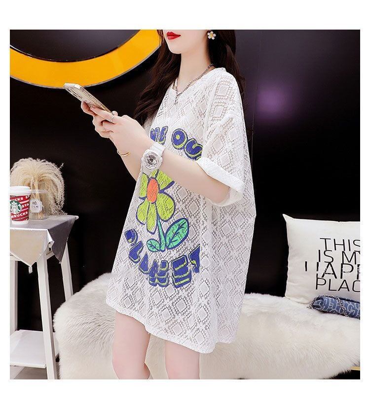 【半額！期間限定！！】新商品 切り替え 一目惚れ 透かし彫り プリント Tシャツ カットソー＜F-8523＞