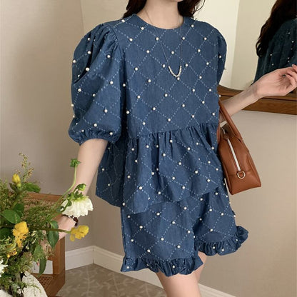 定番シンプル ファッション 個性派 デニム 半袖Ｔシャツⅹパンツセット<isf-11702>
