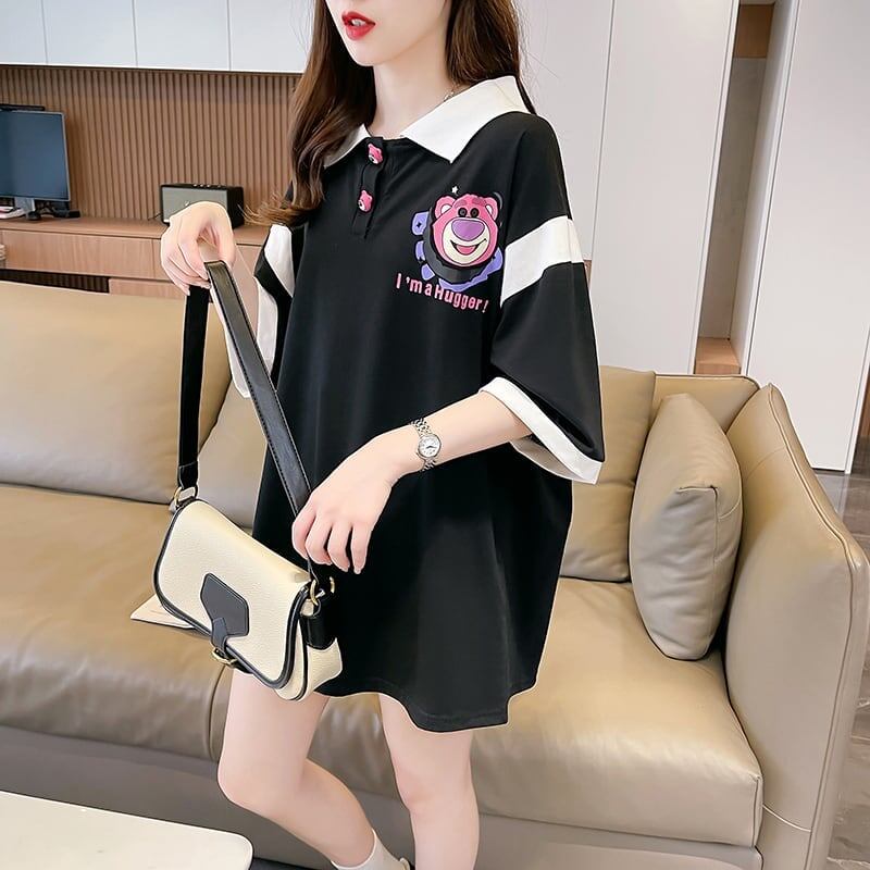 POLOネック 切り替え 熊柄 ロング プリント Tシャツ 二色 ゆったりワンピース ＜F-3020＞