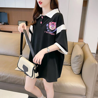 POLOネック 切り替え 熊柄 ロング プリント Tシャツ 二色 ゆったりワンピース ＜F-3020＞