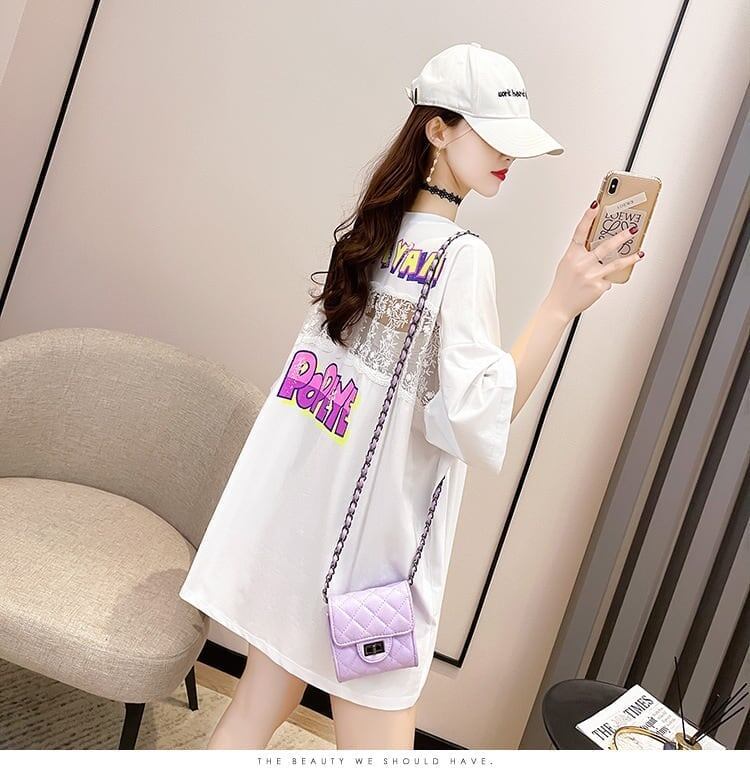 【半額！期間限定！！】グラフィック   透かし彫り Tシャツ ゆったりワンピース ＜F-4021＞