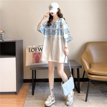 【半額！期間限定！！】大好評 プリント 猫柄 ロング Tシャツ 四色 ゆったりワンピース ＜F-4017＞