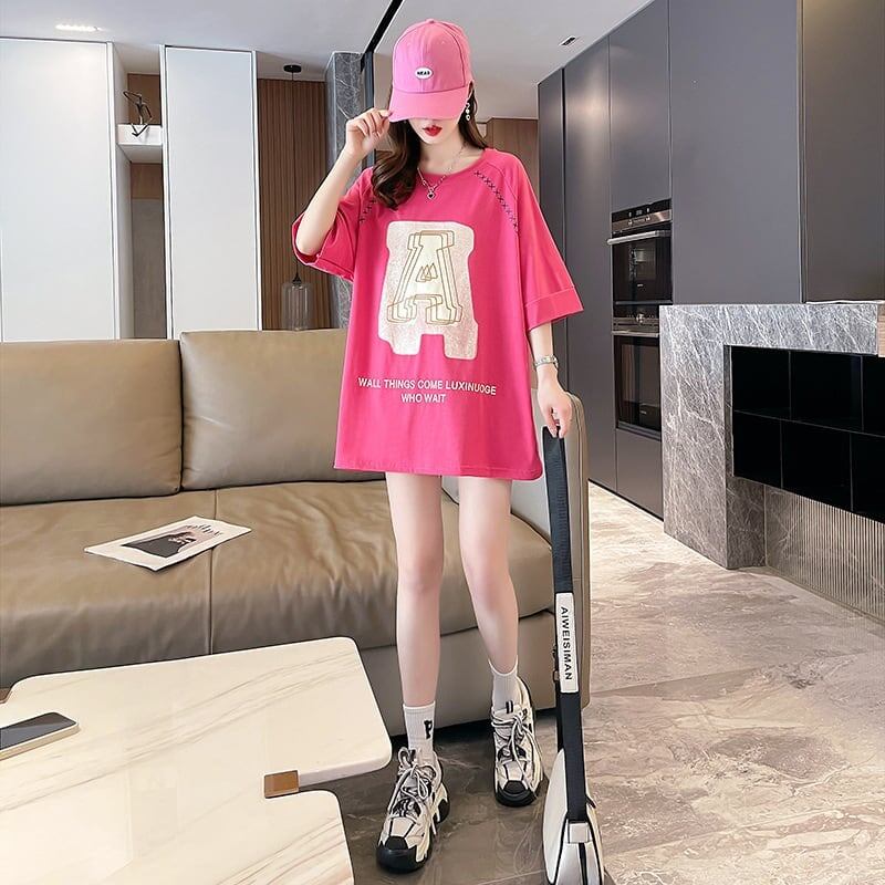 超人気商品 ロング アルファベット プリントTシャツ 三色 ゆったり半袖 ＜F-4019＞
