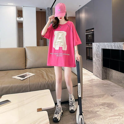 超人気商品 ロング アルファベット プリントTシャツ 三色 ゆったり半袖 ＜F-4019＞
