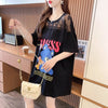 ファッションデザインレースミドル丈半袖Tシャツ<F-3017>