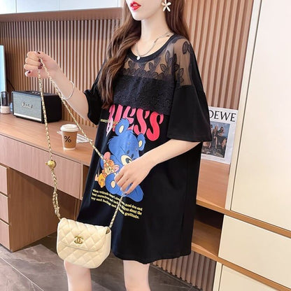 ファッションデザインレースミドル丈半袖Tシャツ<F-3017>