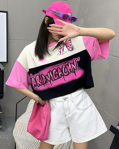 着回し力抜群 切り替え三色 韓国系 ゆったり半袖Tシャツ ＜F-8455＞