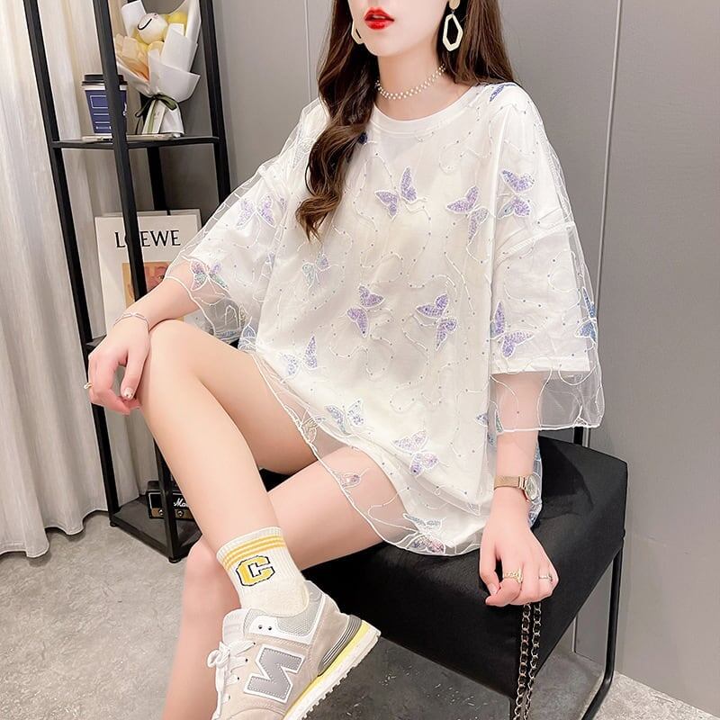 イントレンディなメッシュフェイクツーピースバタフライTシャツルーズトップ<F-2858>