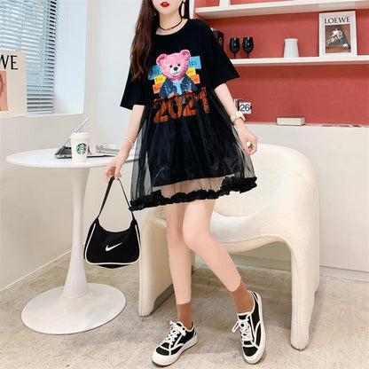 デザインセンスレースステッチフェイクツーピース半袖Tシャツワンピース<F-2964>