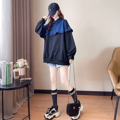 韓国風ファッション オシャレ 都市ファッショ デザイン 切り替え 2色選択 デニム パーカーF-9416