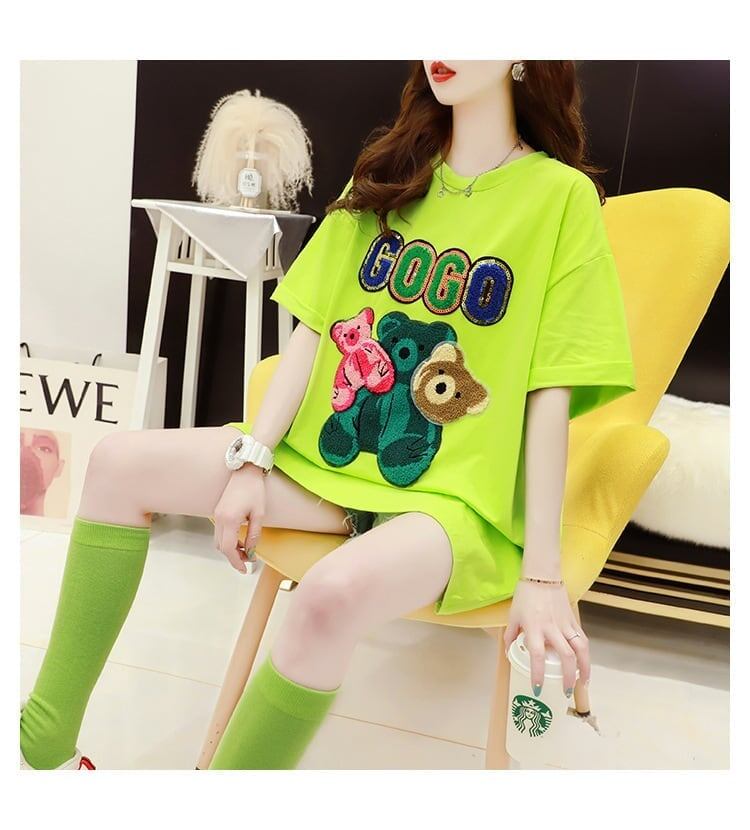 重工業スパンコール外国風おしゃれ植毛刺繍クマ半袖Tシャツ<F-2911>