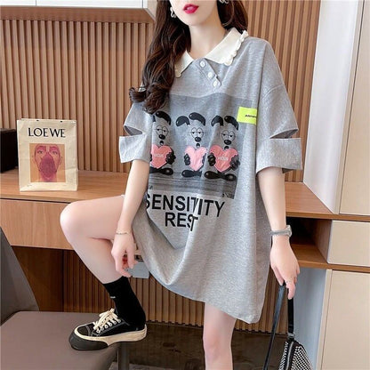 夏新作 アルファベットプリント POLOネック ロング Tシャツ ゆったりワンピース ＜F-3038＞