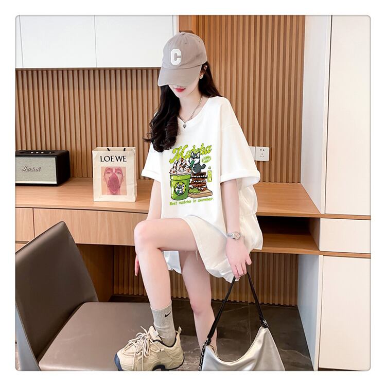 着回し力抜群 切り替え プリント ロング Tシャツ ゆったり半袖 Tシャツ ＜F-8498＞