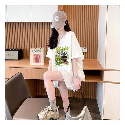 着回し力抜群 切り替え プリント ロング Tシャツ ゆったり半袖 Tシャツ ＜F-8498＞