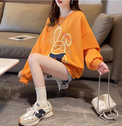 秋の薄いレイジースタイル漫画プリントトップ<F-5034>