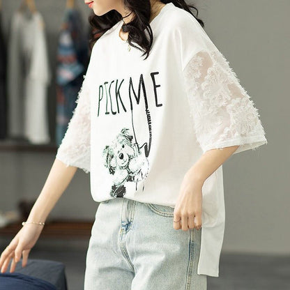 絶対欲しい レース エレガント 切り替え プリント 半袖Tシャツ＜F-8587＞