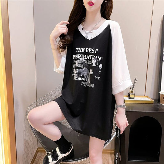 好感度満載 切り替え 美感いっぱい プリント Tシャツ カットソー＜F-3479＞