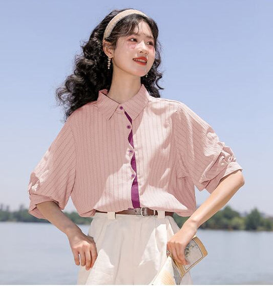好感度UP 上質 美人度アップ 知的 ストライプ柄 3色選択 半袖シャツ＜F-9047＞