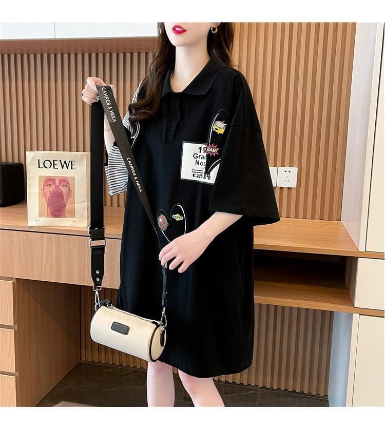 POLOネック 切り替え ストライプ柄 ロング Tシャツ ゆったりワンピース ＜F-3031＞