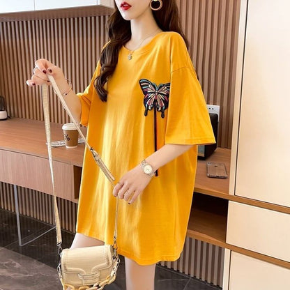 最新デザインセンス刺繍純綿ルーズ半袖Tシャツ<F-2949>