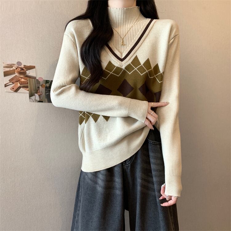 人気上昇中 レイヤード風 おしゃれ度高め 全2色 ニットトップスF-9583