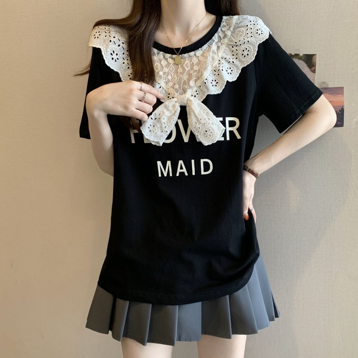 超人気 レース スウィート 切り替え プリント 3色選択 半袖Tシャツ＜F-8825＞