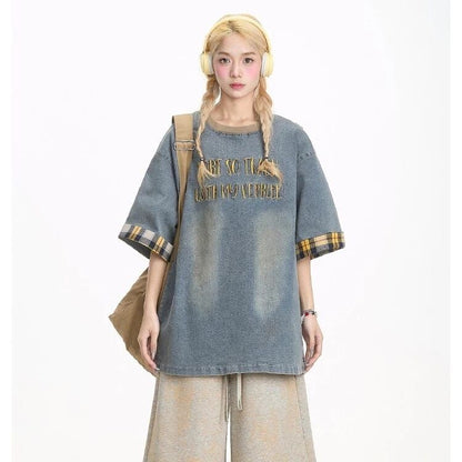 デニム 売れ筋 おすすめ 絶対流行 早い者勝ち カジュアル男女兼用 2色選択 Tシャツ<F-11340>