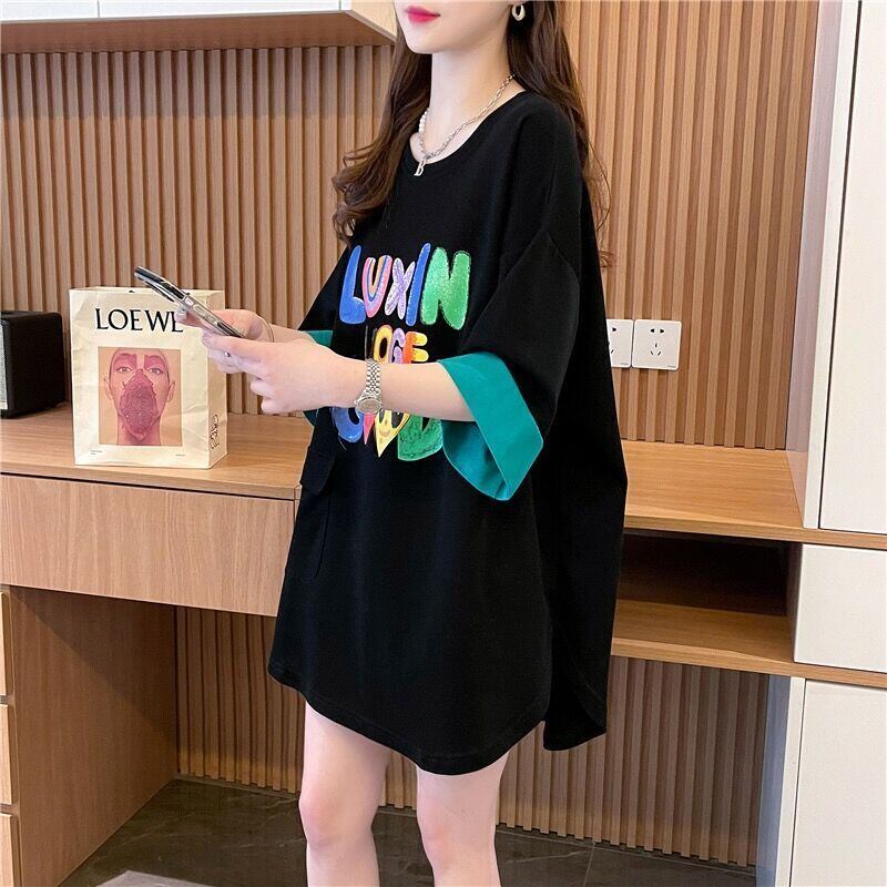 絶対欲しい プリント ラウンドネック 切り替え 全2色 半袖Tシャツ ＜F-8672＞