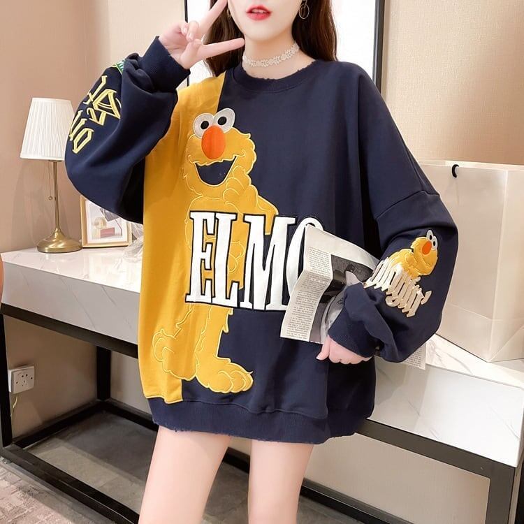 ゆったりとした重工業刺繍漫画長袖トップ<F-5083>