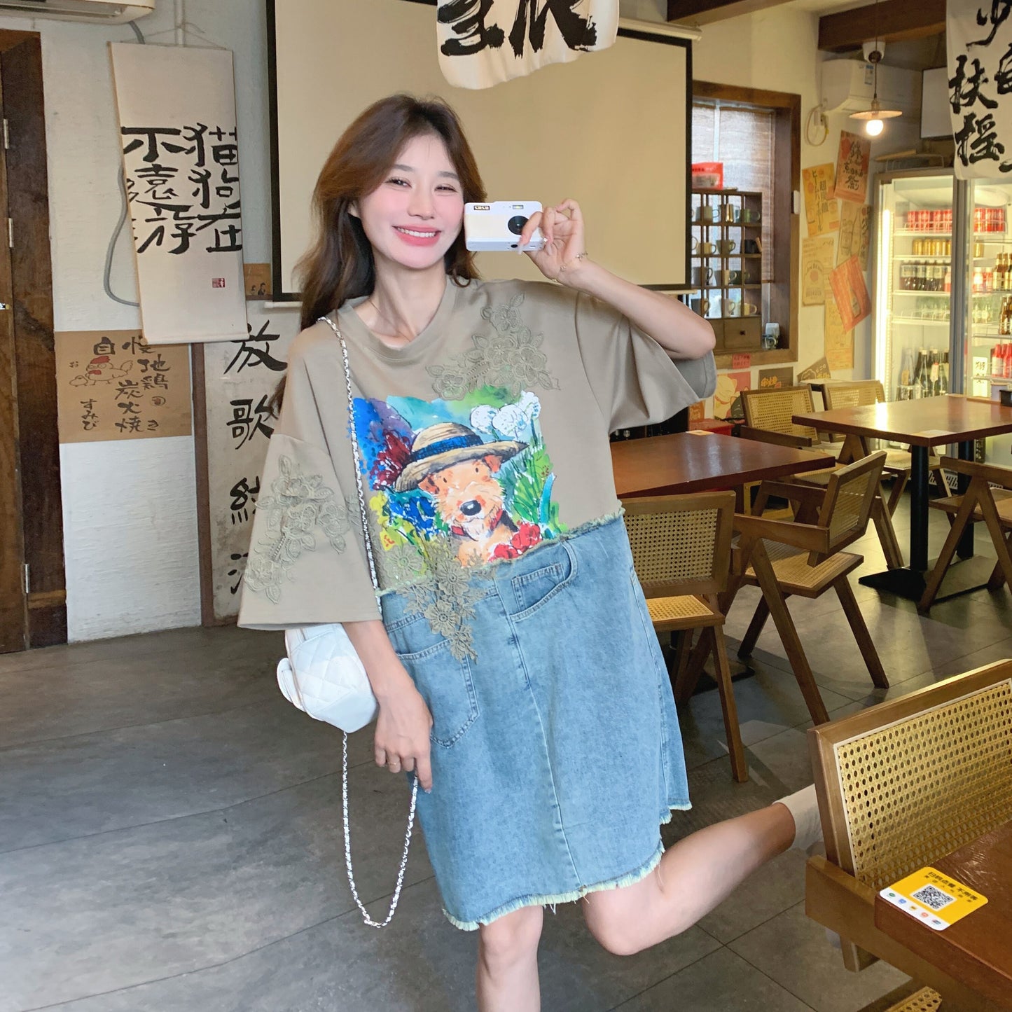 超人気 カジュアル ファッション デニム 切り替え プリント ワンピース＜F-8615＞