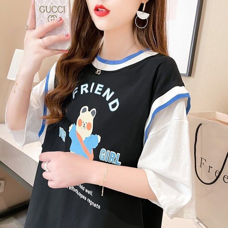 デザインセンス漫画フェイクツーピース半袖Tシャツ<F-3037>