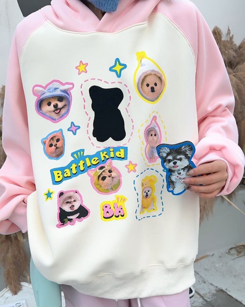 超人気商品猫柄犬柄ロゴ厚手ラグランパーカー全3色オーバーサイズトップス＜F-4473＞