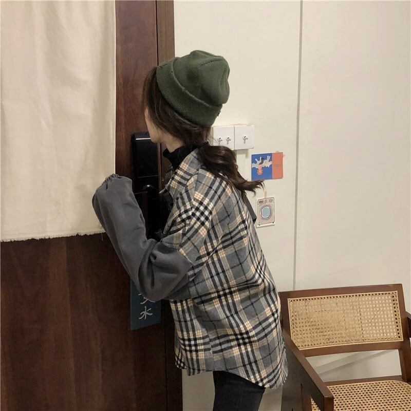 オシャレ度満点 カジュアル POLOネック チェック柄 シャツ ブラウス＜isf-2641＞