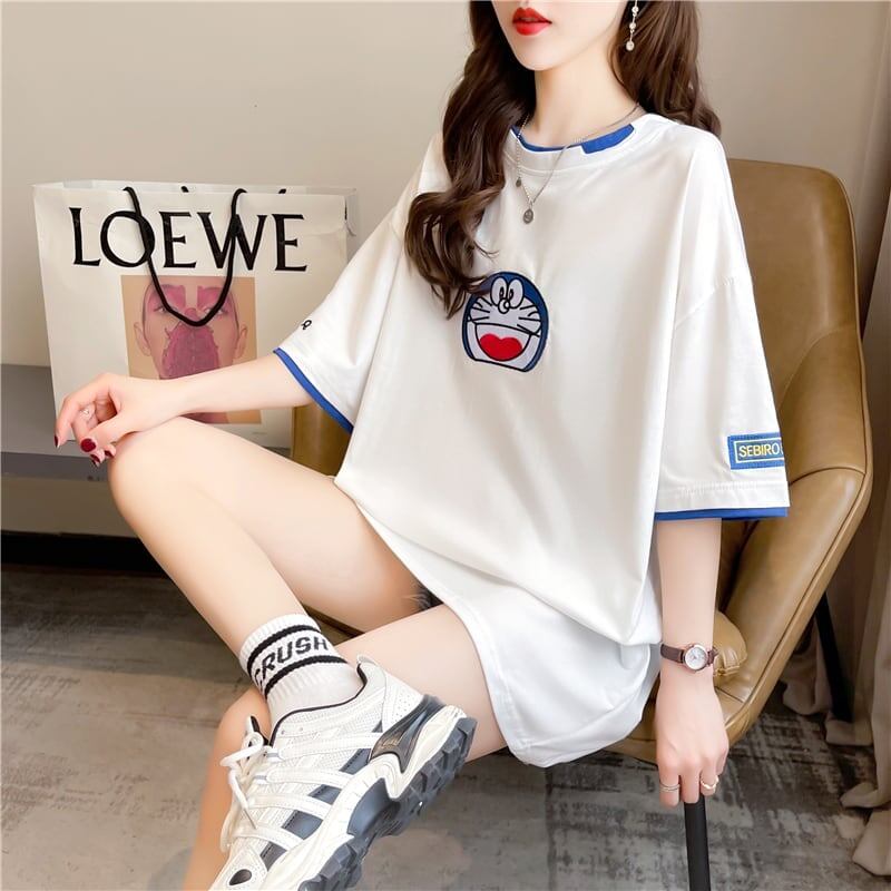 韓国系 ドロップショルダー 刺? レイヤードTシャツ ゆったり半袖 ＜F-3053＞