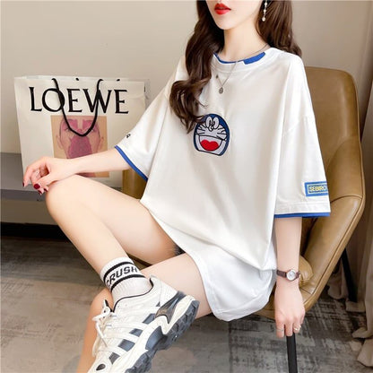 韓国系 ドロップショルダー 刺? レイヤードTシャツ ゆったり半袖 ＜F-3053＞
