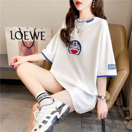 韓国系 ドロップショルダー 刺? レイヤードTシャツ ゆったり半袖 ＜F-3053＞