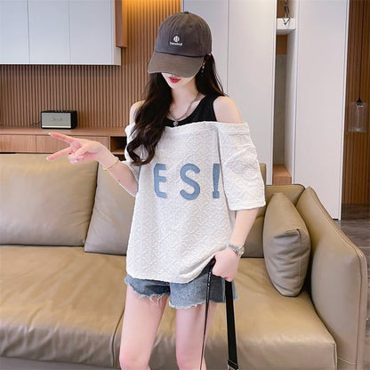 新商品 ゆったり カジュアル プリント オープンショルダー 2色 半袖Tシャツ＜F-8282＞