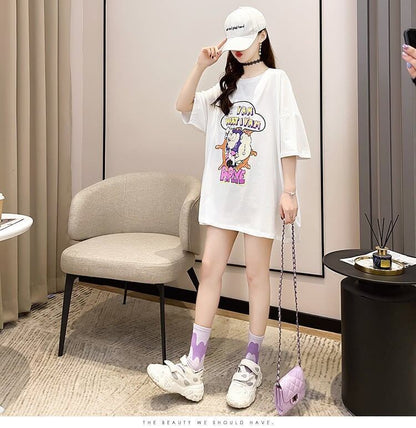 【半額！期間限定！！】グラフィック   透かし彫り Tシャツ ゆったりワンピース ＜F-4021＞